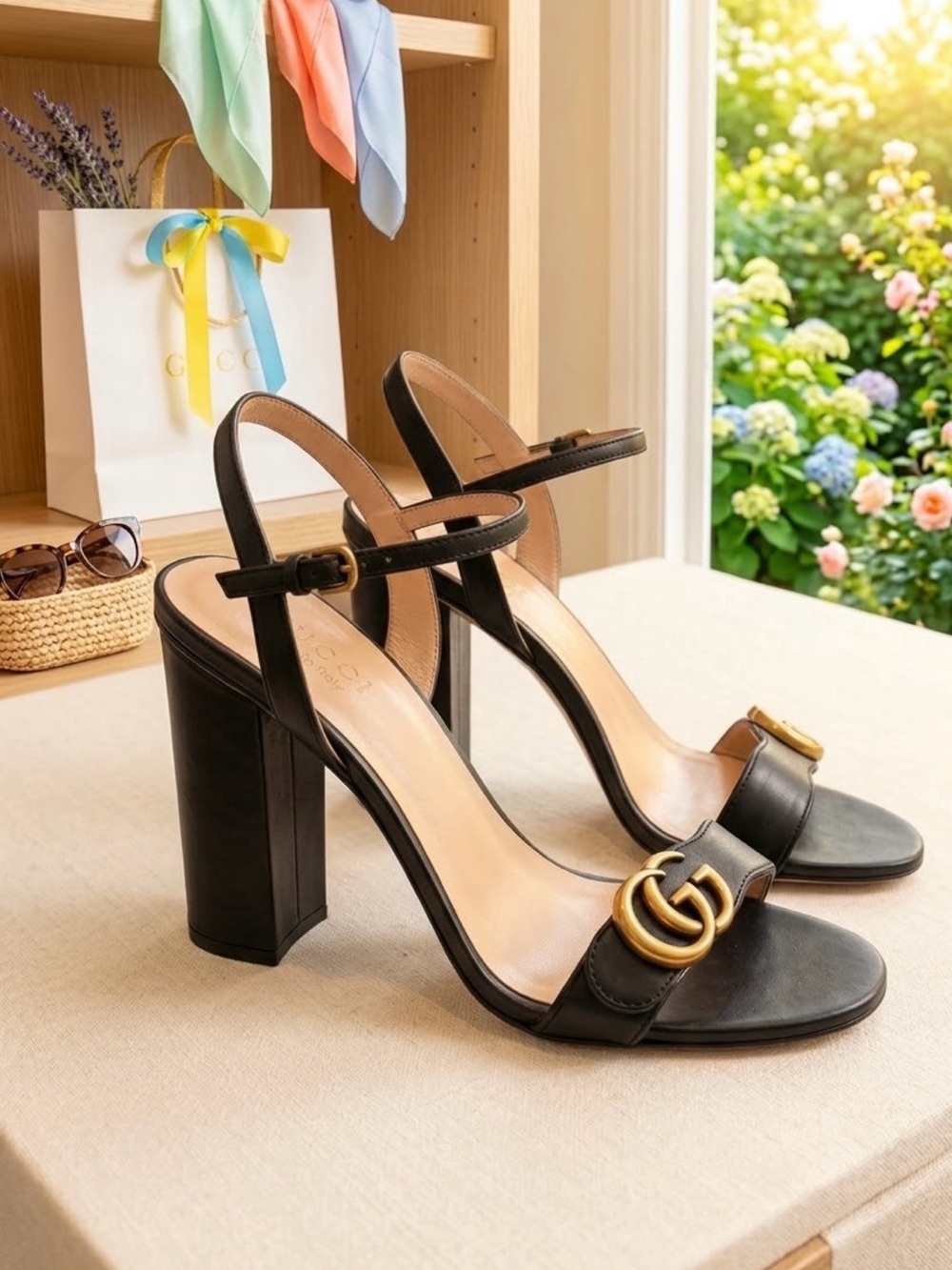 Gucci Marmont GG Leather Block Heel Ankle Strap Sandals Black Size 40 US 10